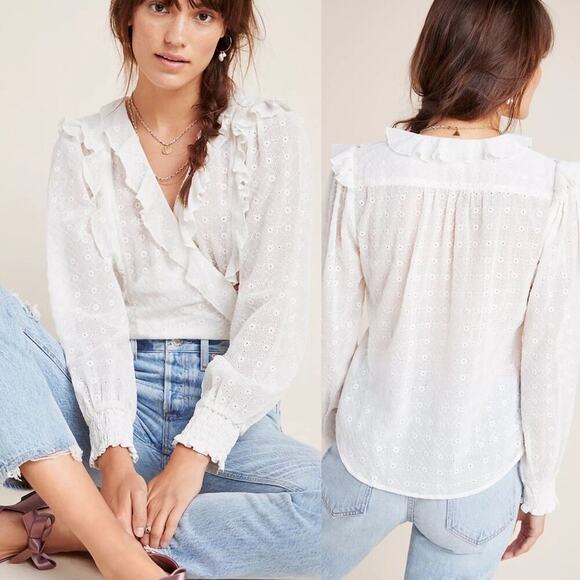 Anthropologie Maeve eyelet‎ ruffle embroidered floral blouse size 10 - Picture 1 of 8